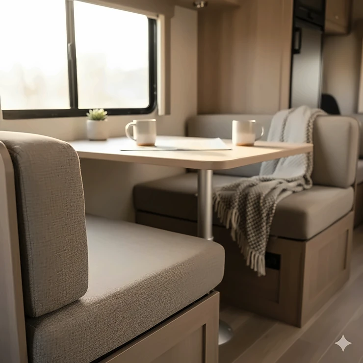 High-quality, durable RV camper cushion covers in a modern neutral color that fit snugly on a dinette bench.