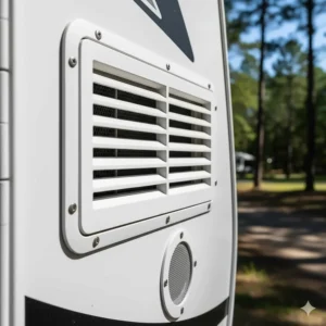 Exterior view of the ventilation access panel for a gas and electric camper refrigerator, crucial for proper heat dissipation.