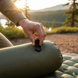 Close-up of a user opening the valve on the 2 person camp pad to begin the self-inflation process.