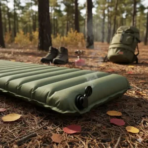 Close-up of a lightweight self-inflating camp pad, a popular and convenient choice for quick setup and breakdown.
