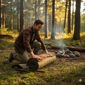 Illustration of a person effortlessly setting up their camping bed roll outdoors.