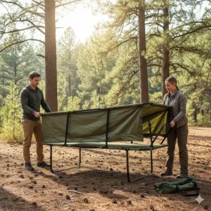 Easy setup of the double camping cot, showing the simple folding mechanism.