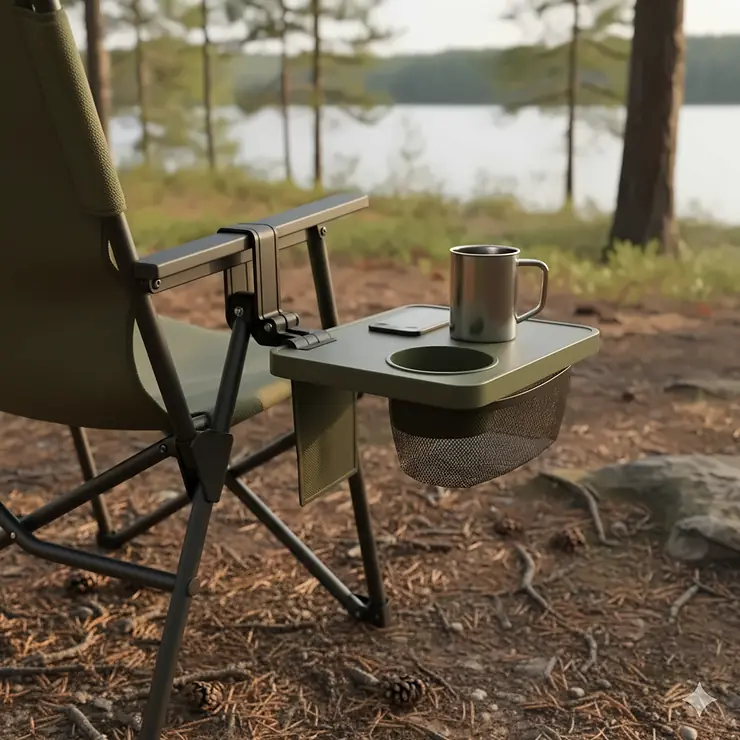 Detail view of an innovative side table attached to a camp chair, showing the mounting mechanism.