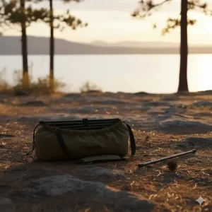 Image showing the camp chair side table completely folded and packed inside its carrying bag.