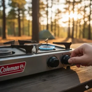 Clear image of the adjustable burner controls on the 2 burner camp stove, showing a low simmer setting.
