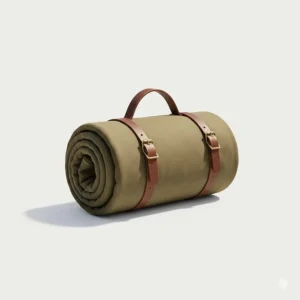Simple graphic icon of a compact, rolled-up camping bed roll with a carry handle.
