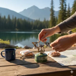 Setting up a single burner camp stove on a picnic table at a scenic campsite.
