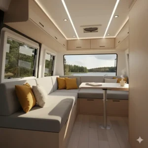 A creative L-shaped sofa bed design inside a small camper or RV, perfect for maximizing lounge seating during the day.