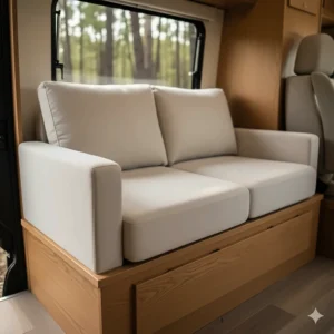Compact two-seater loveseat style couch perfect for a small camper or RV, upholstered in durable, light-colored fabric.