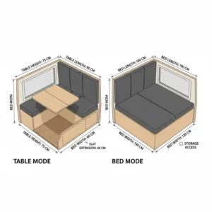 Compact camper table bed kit installed in a smaller minivan conversion, showing efficient use of space.