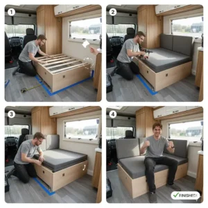 Step-by-step visual of securing a new sofa bed safely onto the floor of a camper, focusing on a DIY-friendly installation process.