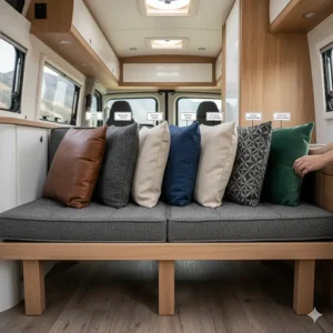 A visual showcase of various durable upholstery and fabric options (e.g., leather, linen) for a custom sofa bed for your camper van.