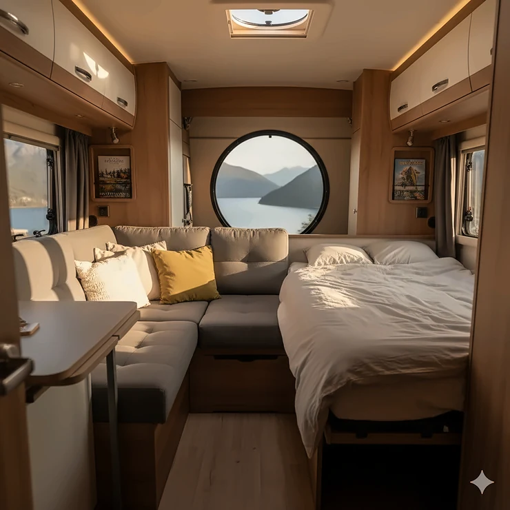 A multi-functional, modern sofa bed installed in a camper van conversion, showing its use as both comfortable seating and a compact double bed, perfect for RV life.