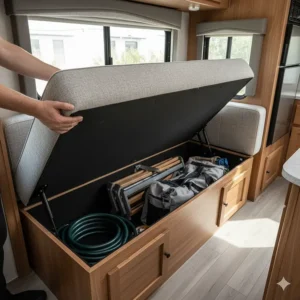 Lifted seat cushion of a built-in storage bench couch in an RV, showing the ample space for gear and supplies underneath.