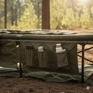 Convenient side storage pockets and organizers built into the two person cot for camping.