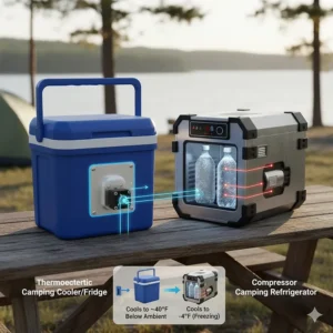 Diagram comparing a thermoelectric camping refrigerator (cooler) to a traditional compressor fridge, highlighting the difference in cooling technology.