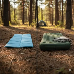 Visual comparison between a thin, budget foam mat and a thick, luxury inflatable camping bed to show the difference in comfort.