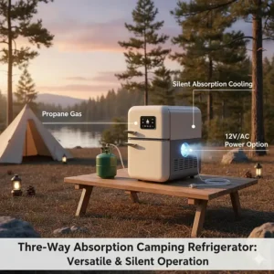 An illustration of a three-way absorption camping refrigerator running silently on propane gas at a campsite.