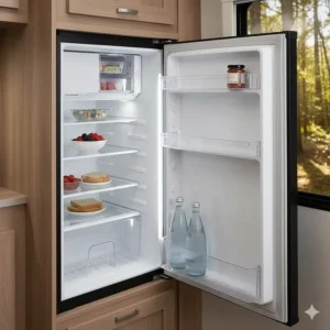 Open interior of a mid-sized three-way camper refrigerator, highlighting the freezer compartment and adjustable shelves.