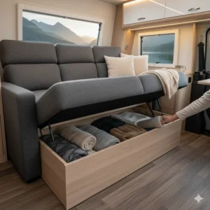 A close-up of a stylish tri-fold RV sofa bed in the seating position, highlighting the integrated under-seat storage compartment, essential for a camper interior.