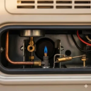 Image showing the small, blue pilot flame required for the gas operation of a camper refrigerator, indicating proper function.