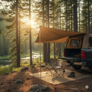 A large awning attached to the side of the truck provides shade and shelter for a daytime truck bed camping rest area.