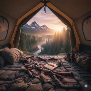 A spectacular sunrise view from the open back window of a tent while truck bed camping near mountains.