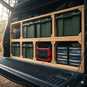 Organized gear storage solutions and boxes neatly secured under a platform for efficient truck bed camping.