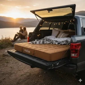 An attractive, comfortable sleeping setup using a durable truck bed mattress in the back of a pickup with the tailgate down.