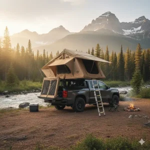 An exterior view of a pickup truck with a specialized truck bed tent fully deployed at a scenic campsite.