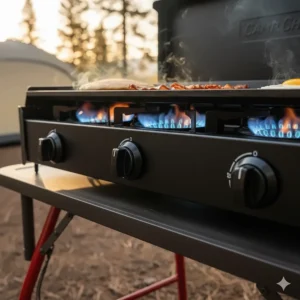 Close-up view of the Camp Chef Tundra 3 burner stove with precise heat control knobs.