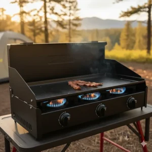 Integrated three-sided windscreen protecting the burners of the Camp Chef Tundra from the elements.