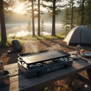A large rectangular camp stove griddle covering both burners of a standard two-burner propane stove.