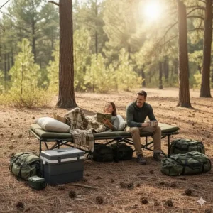 The versatile two person cot being used as an outdoor lounge area at a campsite.