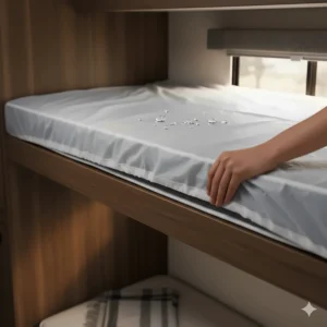 Durable, waterproof cover protecting a camper bunk mattress from spills and moisture.