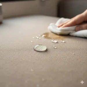 Close-up texture of a waterproof RV cushion cover fabric, demonstrating spill resistance for easy cleaning.