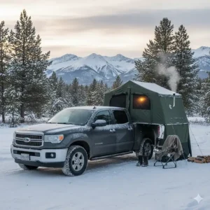 A pickup truck covered in a light layer of snow with a heated tent, illustrating cold weather truck bed camping.