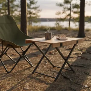 Stylish wooden portable table serving as a rustic side table for a camp chair setup.