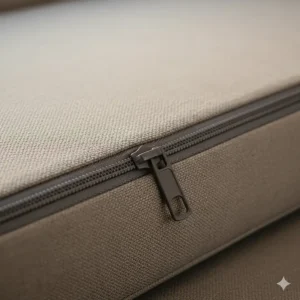 Detailed view of the heavy-duty zipper on new zippered RV cushion covers for effortless removal and washing.
