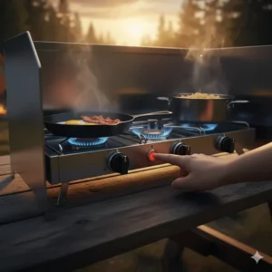 Push-button auto-ignition for the 3 burner camp stove, making it quick and easy to light without matches.