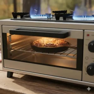 Delicious cinnamon rolls baking inside the small oven of a camp stove with oven combo unit.