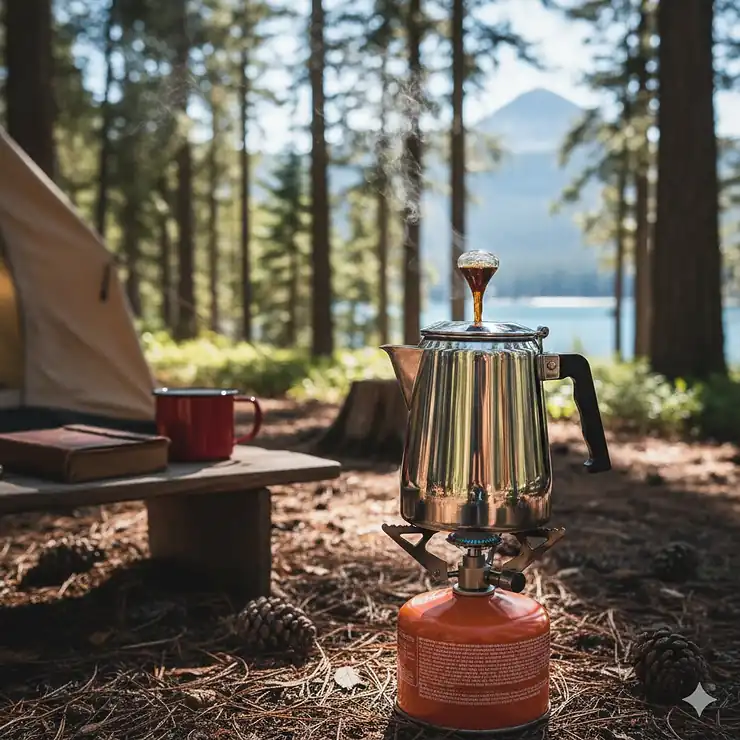 A stainless steel camping percolator actively brewing coffee over a portable propane stove at a sunny campsite, highlighting the best camping percolator experience.