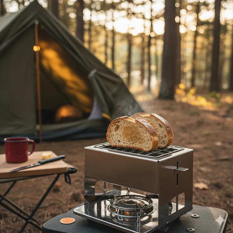 A compact, stainless steel camping toaster sitting over a portable propane burner, cooking two slices of bread outside a tent.