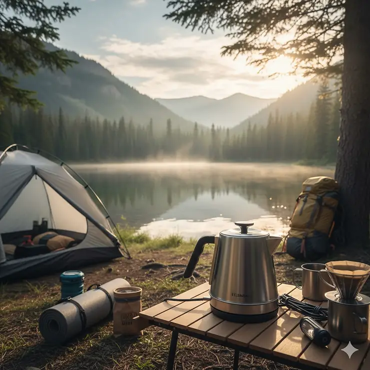 A compact, stainless steel electric kettle for camping placed next to a tent and camping gear, ready for boiling water outdoors. best electric kettle for camping