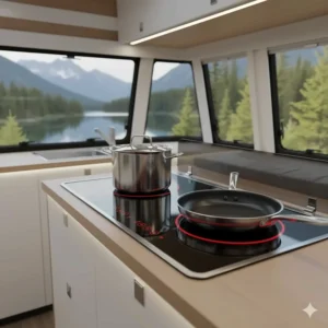 A sleek, built-in double burner induction cooktop installed flush into a motorhome or caravan kitchen countertop.