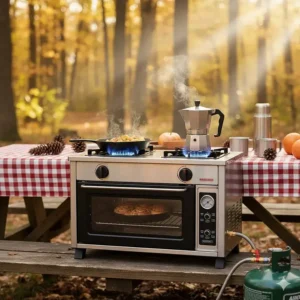 Full setup of a camp stove with oven placed on a picnic table, with a propane tank connection visible.