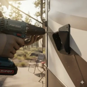 Close-up of the initial mounting bracket being secured to the camper wall for the bump out awning installation.