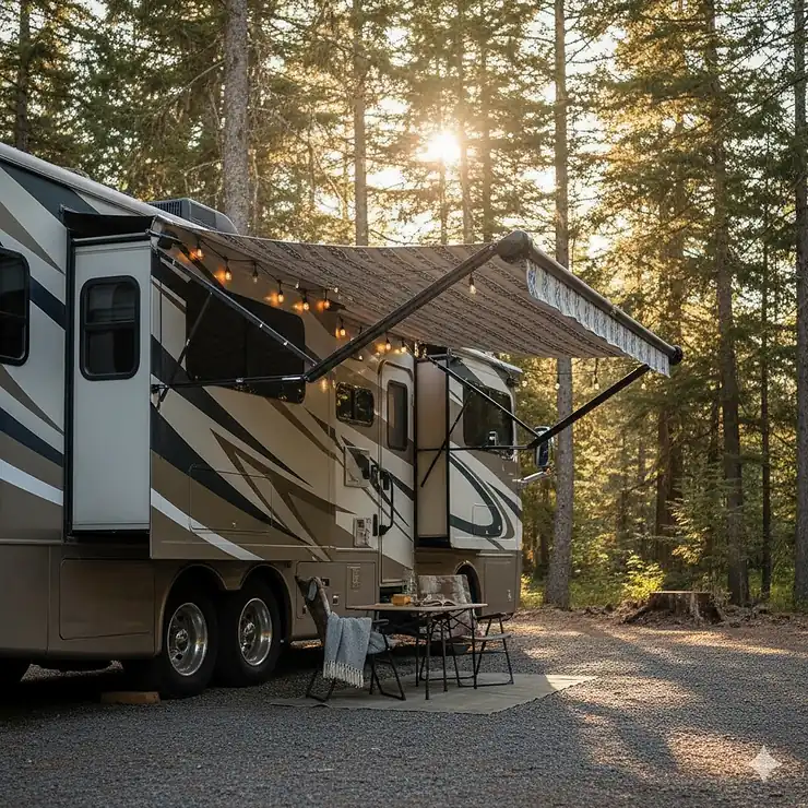 A featured image showing a camper with its bump out awning fully extended, providing shade and extra outdoor living space next to the RV.