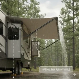 Illustration showing the optimal angle for rain run-off on a camper bump out awning to prevent water pooling.