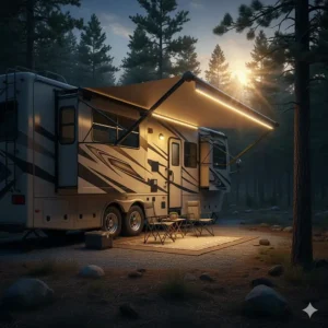 An illustration of the camper bump out awning model featuring integrated LED lights for evening use and ambiance.